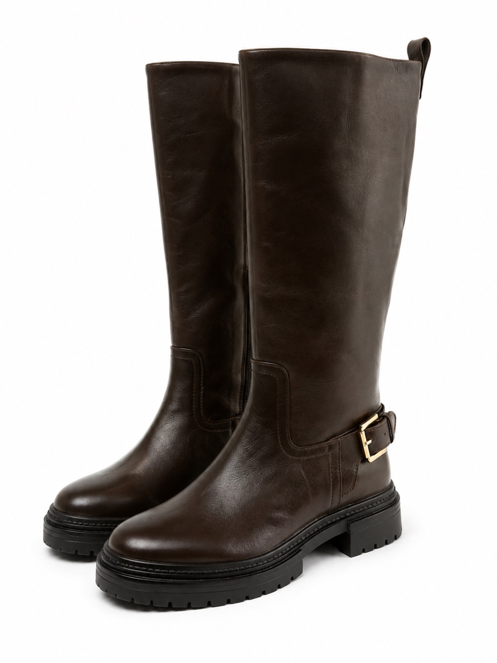 Zara Girls Dark Brown Knee High Moto Riding Boots Gold Buckle EU 34